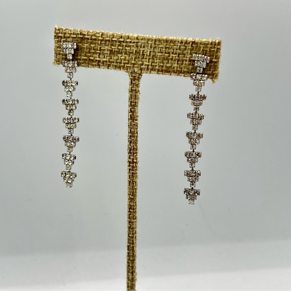Vintage pierced silver tone rhinestone triangle dangle earrings